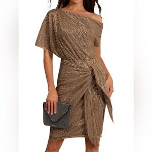 Plus Size 2XL One Shoulder Sequin Mini Dress Brown Gold Party Cocktail Glam Tie